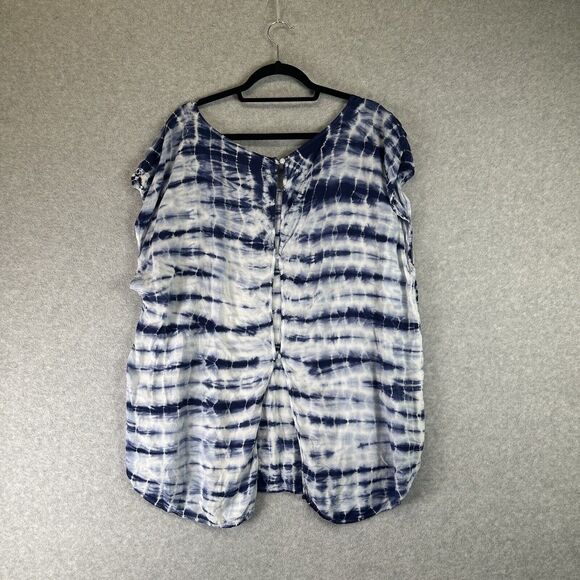 Torrid Plus Size 2X 2 Blouse Tunic Top Shirt Tie Dye Print Flowy Blue White Shor - Picture 2 of 12